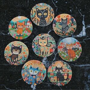 Hand Crafted Colorful Cat Coasters Set